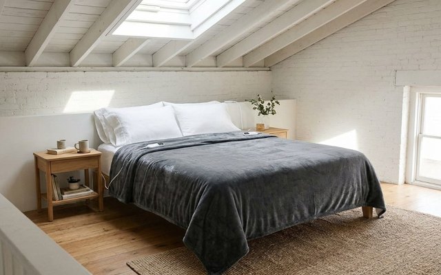 Grey dual-control heated blanket on a queen bed in a bright loft bedroom with a skylight, a controller on each side
