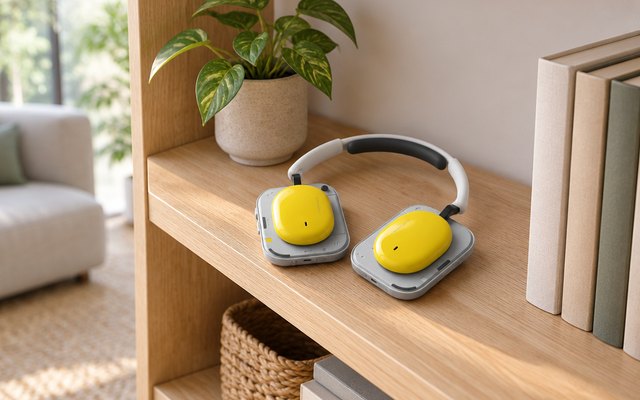 Nothing headphones, on a wooden shelf beside books and a plant