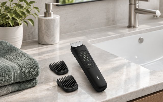 Beard trimmer and combs on a bathroom counter