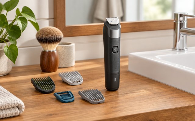Trimmer and attachments laid out on a wooden vanity
