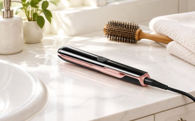 A black and rose-gold flat iron on a bathroom vanity