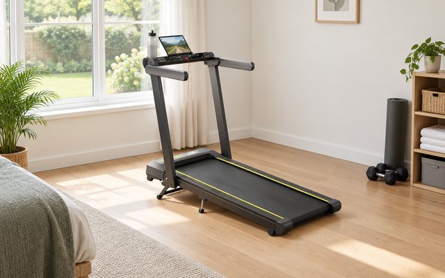 Toputure TP5 treadmill, in a spare bedroom used as a home gym, a window onto a garden, a water bottle on the console