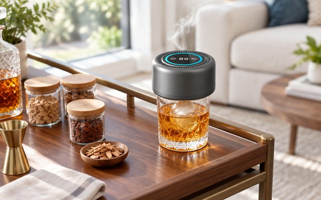 A grey electric cocktail smoker with a blue light ring on a glass of whisky on a walnut bar cart