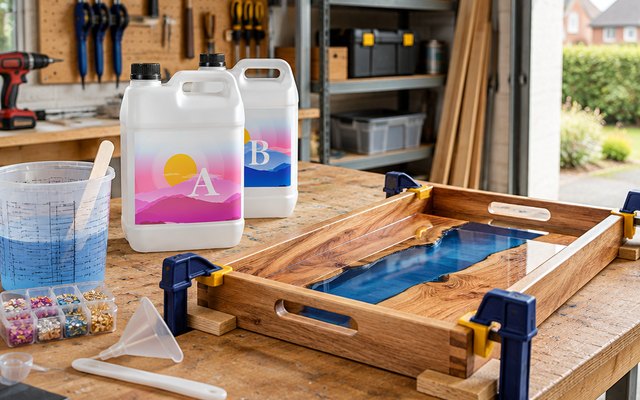 ProKKUV 4L epoxy resin kit, on a sturdy workbench in a British garage workshop beside a wooden serving tray being made, clamps and a mixing bucket nearby