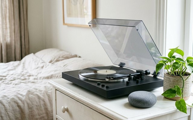 A black turntable with a silver platter and a clear lid on a white bedroom dresser, beside a small round speaker and a trailing plant