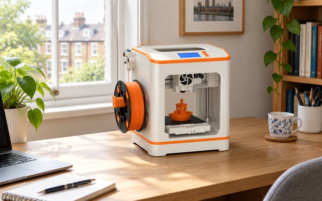 Mini 3D printer, on a desk in a bright British home office by a sash window, a small finished print on its bed