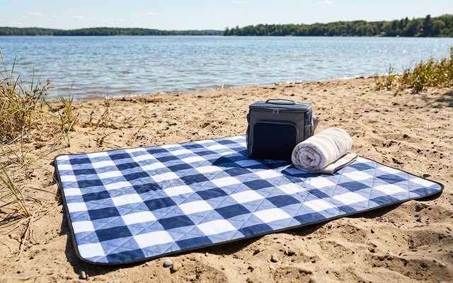 A navy-and-white buffalo-check quilted picnic blanket on a sandy lakeshore beach, with a cooler bag and a rolled towel on it