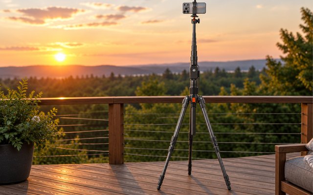 XXZU 75 in tripod, fully extended on a backyard deck aimed at a sunset over trees
