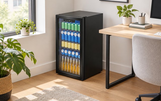 EUHOMY beverage refrigerator, standing beside a desk in a bright home office