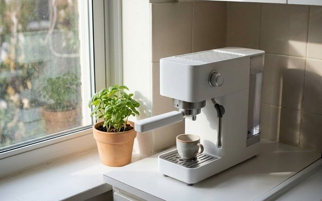 Slim white compact espresso machine with a cup on its drip tray, on a counter by a window and a basil plant