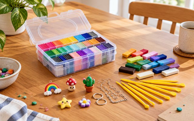 Ixiaoyoo polymer clay set, on a kitchen table beside a few small handmade clay charms