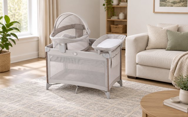 Graco Pack 'n Play Travel Dome Lux playard, set up in a living room next to the sofa