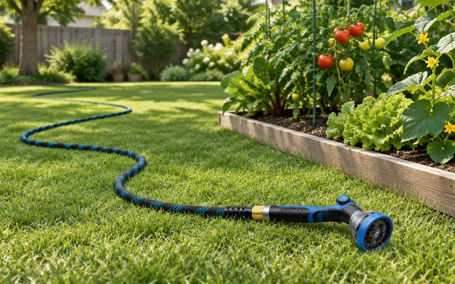 Garden hose with spray nozzle, running across a big backyard lawn, its nozzle resting on the grass near a vegetable garden
