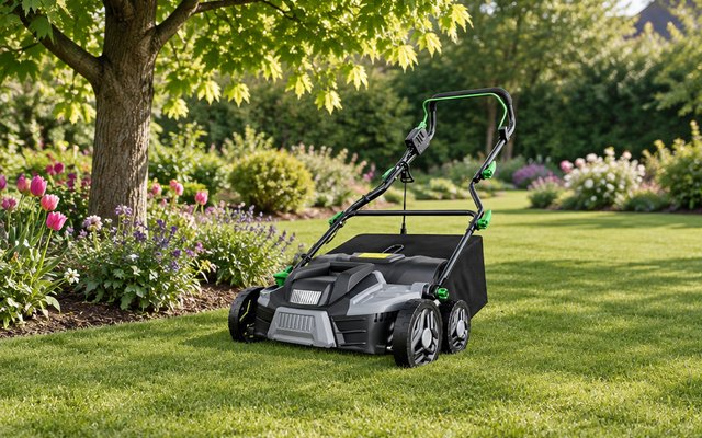 TIECTOWN electric dethatcher, on a wide spring lawn near a flower border and a maple tree