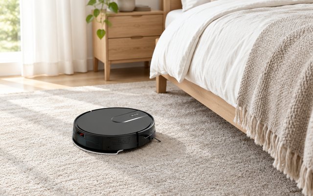 ROPVACNIC S1 robot vacuum, on a bedroom carpet beside a bed