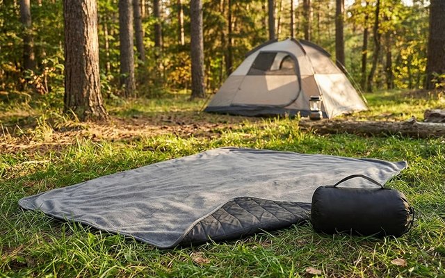 A grey fleece outdoor blanket with a black quilted underside at a forest campsite beside its stuff sack