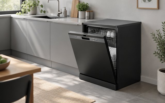 COMFEE' black dishwasher, door open a little with clean plates inside, in a grey kitchen