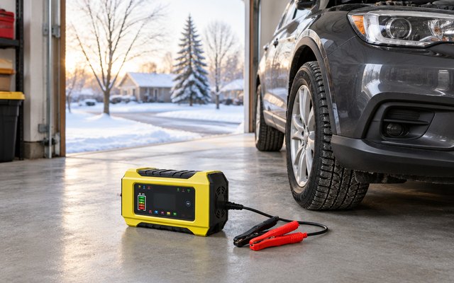 A yellow battery charger on a garage floor beside a car