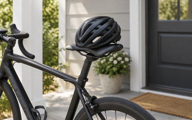 Giro Agilis MIPS helmet, resting on the saddle of a road bike parked on a front porch