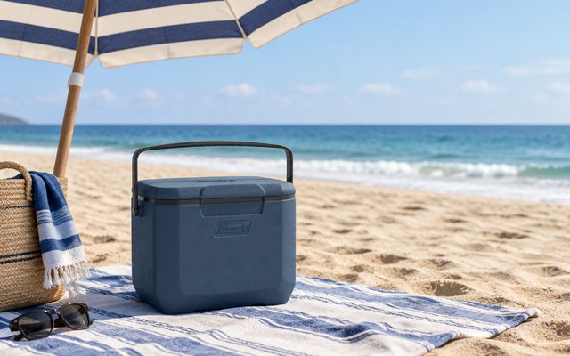 Coleman Chiller 16-quart cooler, on a beach blanket on the sand under a striped beach umbrella