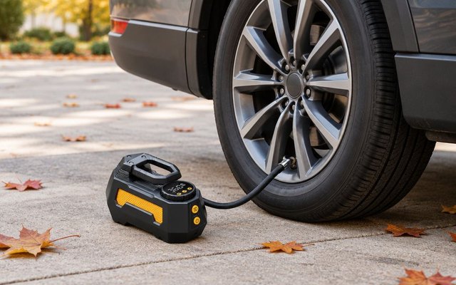 Black and yellow cordless tire inflator on a driveway with its hose on a car’s tire valve