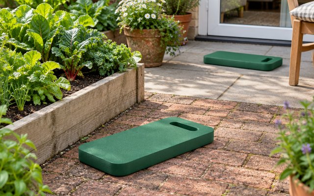 Pair of thick kneeling pads, one on a brick garden path beside a raised vegetable bed, the other on the back patio by the door