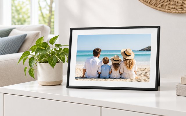 AEEZO 10.1-inch Wi-Fi Digital Picture Frame, digital photo frame on a white sideboard in a bright living room showing a family beach photo