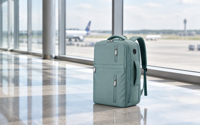 MATEIN cabin backpack, standing in a bright, empty airport terminal