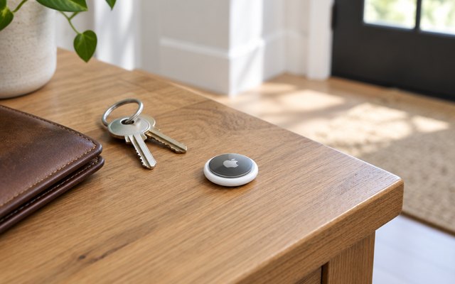 Apple AirTag (2nd generation), lying on a wooden entryway table beside a set of house keys and a leather wallet in a bright hallway