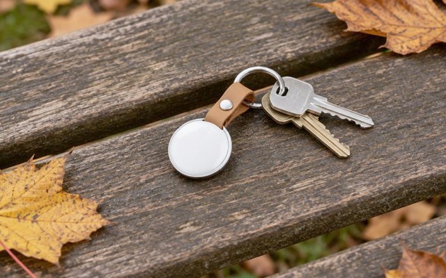 Small round white tracker tag on a leather key ring with house keys on a park bench in autumn