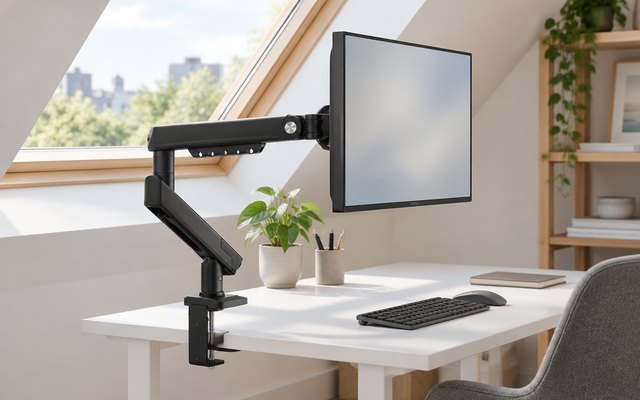 HUANUO monitor arm, clamped to a white desk in a loft room under a skylight