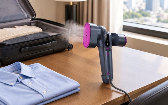 Reewit travel steamer and iron, on a hotel room desk beside an open carry-on suitcase and a folded button-down shirt