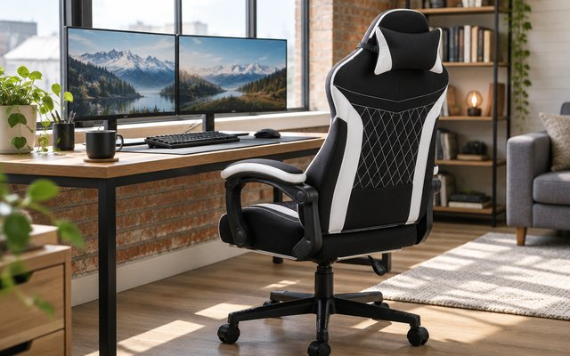 GTPLAYER Fabric Gaming Chair with Pocket Spring Seat and Footrest, in a loft room at a desk with two monitors, daylight
