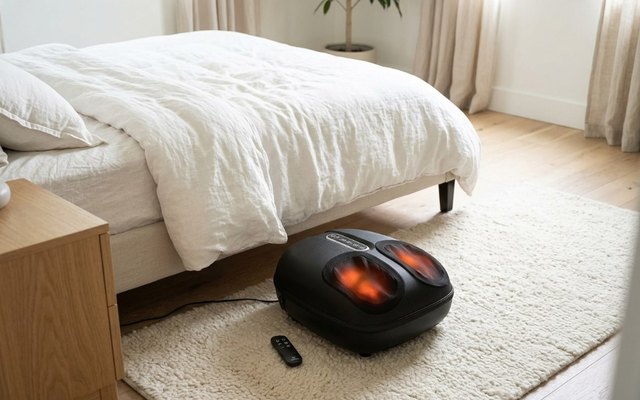 Black foot massager with glowing foot wells and its remote on a cream rug beside a made bed