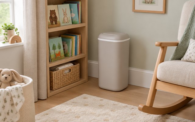 Nappy bin, in a small nursery corner beside a shelf of picture books and a rocking chair