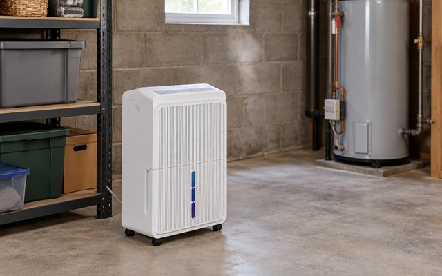80-pint dehumidifier, on the concrete floor of an unfinished basement near storage shelves and a water heater