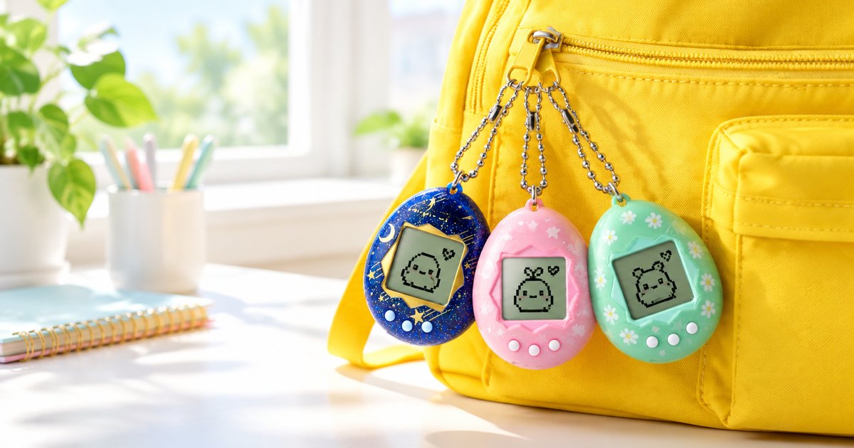 Three egg-shaped digital pet keychains clipped to a yellow school backpack on a sunny bedroom desk