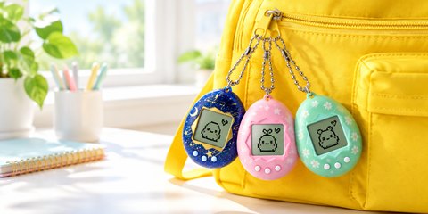 Three egg-shaped digital pet keychains clipped to a yellow school backpack on a sunny bedroom desk