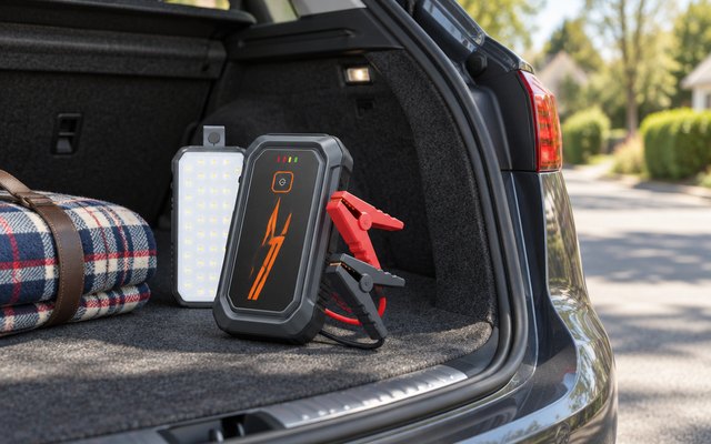 TREKURE TK60 jump starter with red and black clamps in an open car trunk