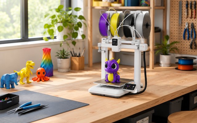 Anycubic Kobra X 3D printer, on a sturdy workbench in a hobby room beside colourful printed toys