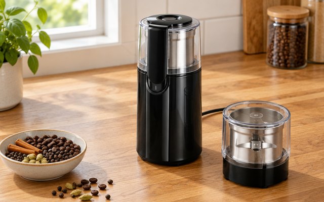 Electric grinder with its spare cup beside it on a wooden counter