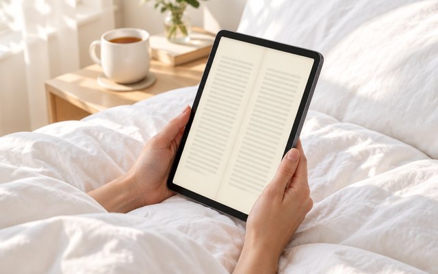 iPad Air 11-inch in space gray used for reading in a bright bedroom