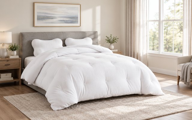 Mellow MarshMellow comforter, on a king bed with an upholstered gray headboard in a spacious primary bedroom