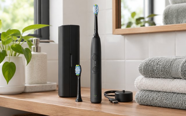 Philips Sonicare 5950 Series Electric Toothbrush, on a bathroom shelf beside folded towels