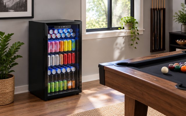 Icyglee beverage refrigerator, standing in a game room beside a pool table