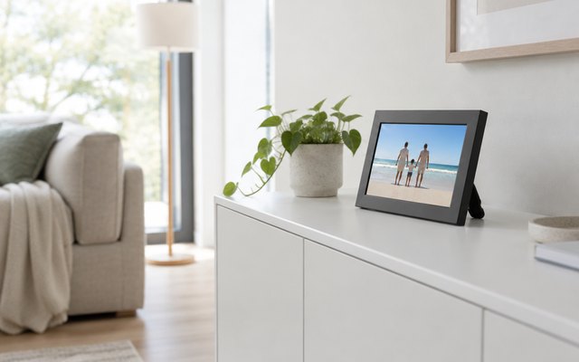 Aura Carver 10.1-inch Wi-Fi Digital Picture Frame, digital photo frame on a white sideboard in a bright living room showing a family beach photo