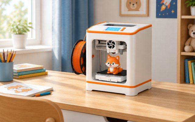 Entina Tina2C mini 3D printer, on a kid's bedroom desk
