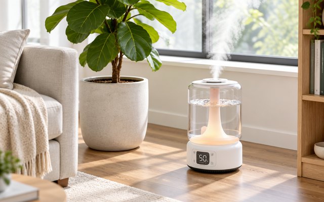 Levoit NeoClassic 650S humidifier, on the floor beside a large potted fiddle-leaf fig in a bright living room