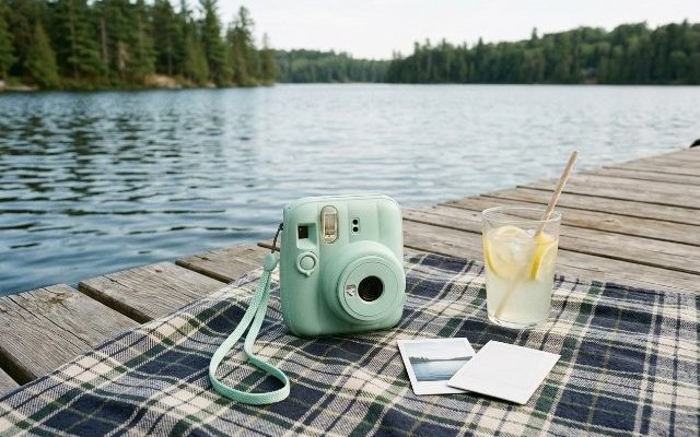 Mint-green instant camera with a matching wrist strap on a plaid picnic blanket on a cottage dock by a lake