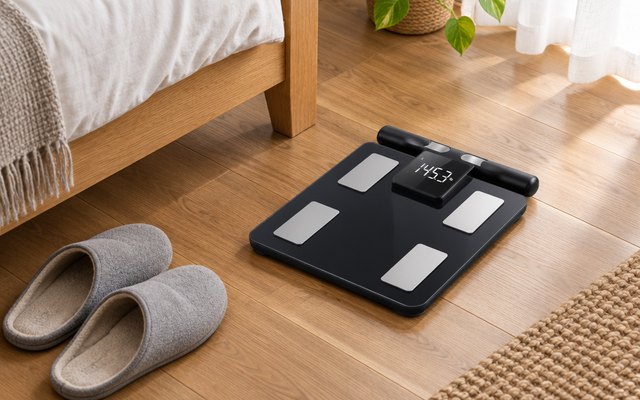 Smart scale with a handle display on a bedroom floor